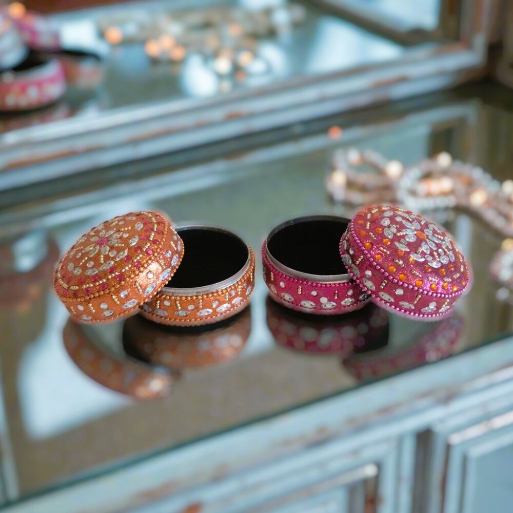 2-Round Aluminum-Pink and Orange-Clear Stone Flowers Trinket/Jewellery boxes